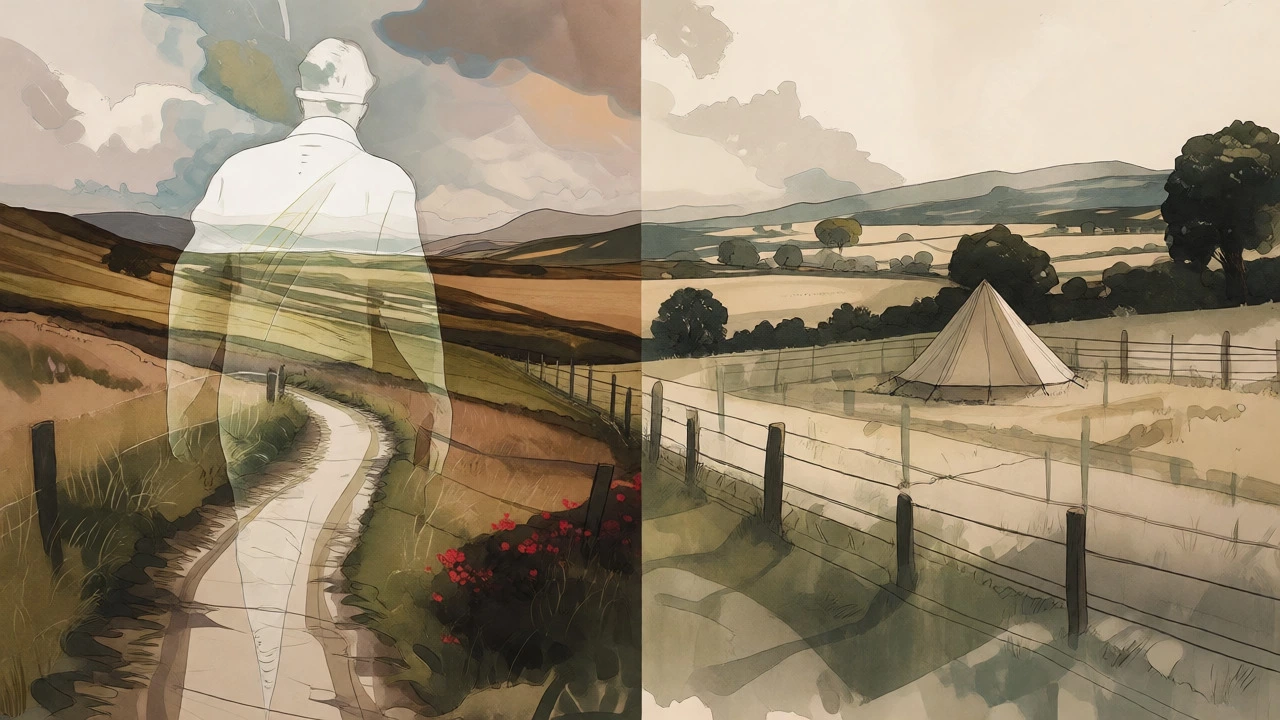 Artistic comparison of open Scottish landscapes versus fenced English countryside.