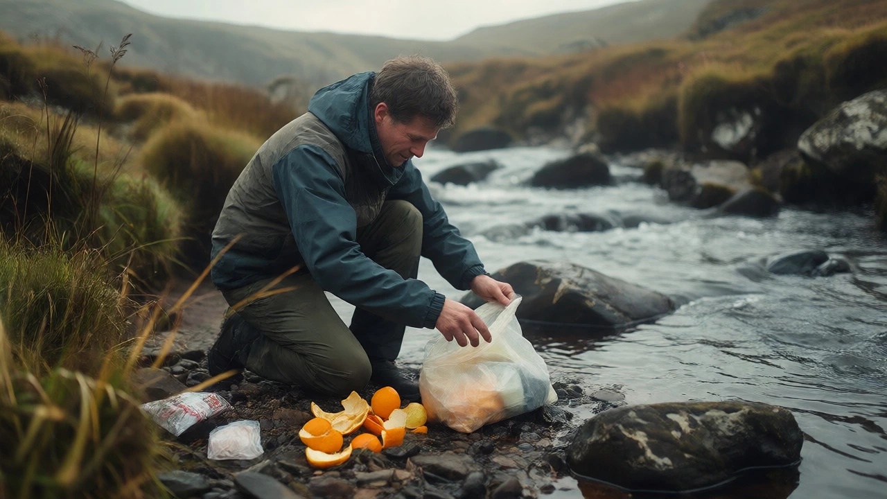 Camper packing trash near a stream in a British landscape, demonstrating waste removal ethics.