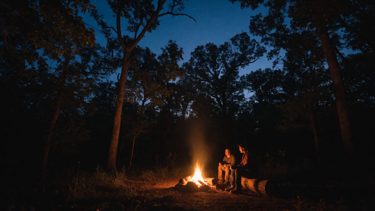 Campers enjoying a fire in a stone ring under starry night in Huron-Manistee NF.
