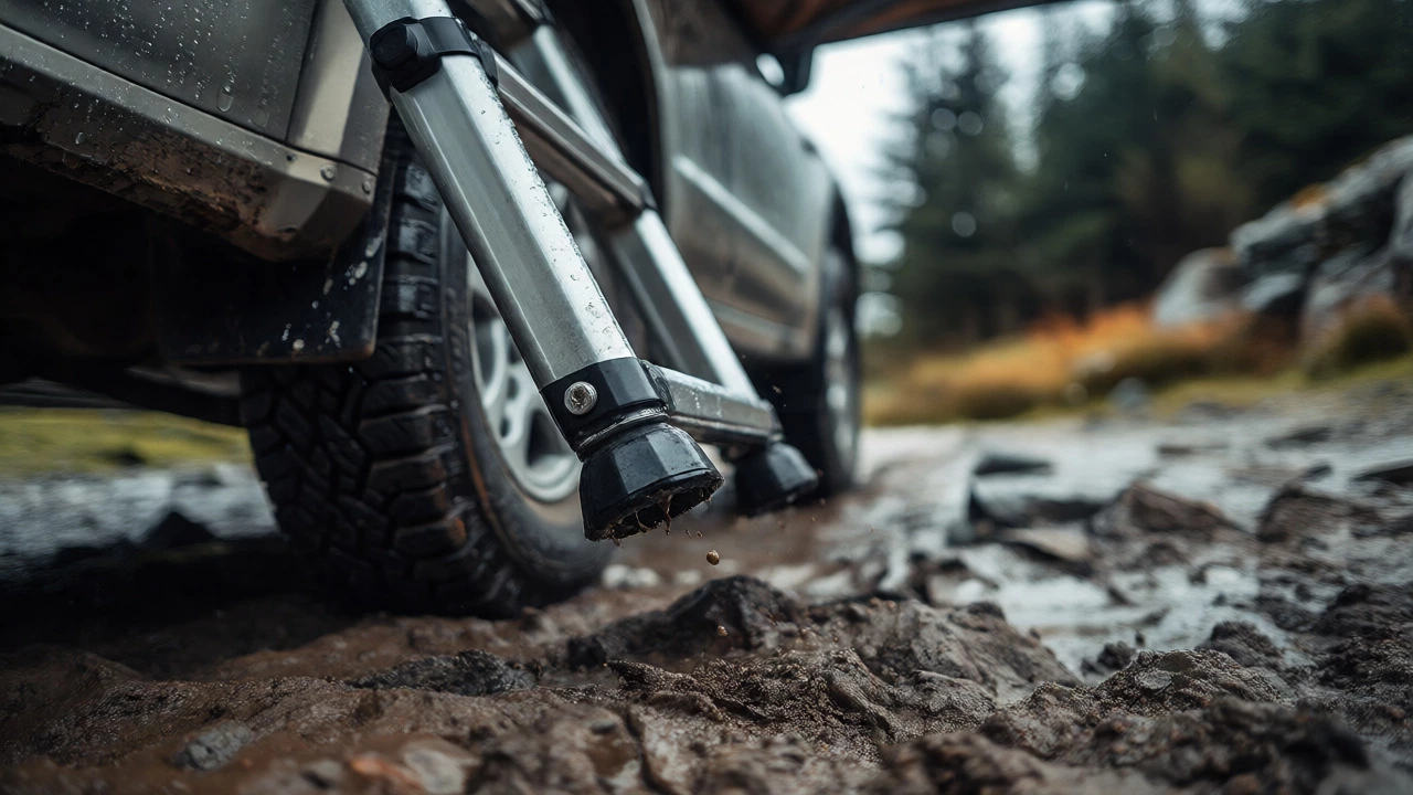 Close-up of roof tent ladder on muddy ground in a Welsh forest setting