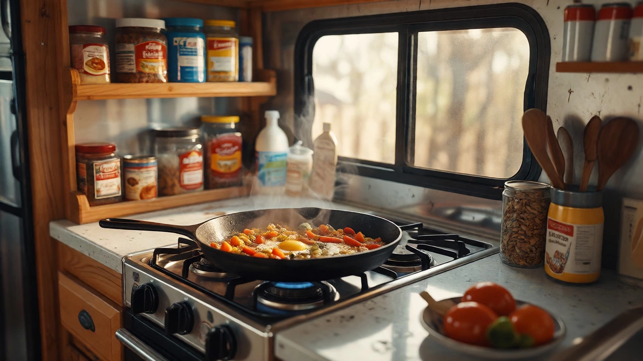 Cooking simple meals in a compact RV kitchen with a cast-iron skillet