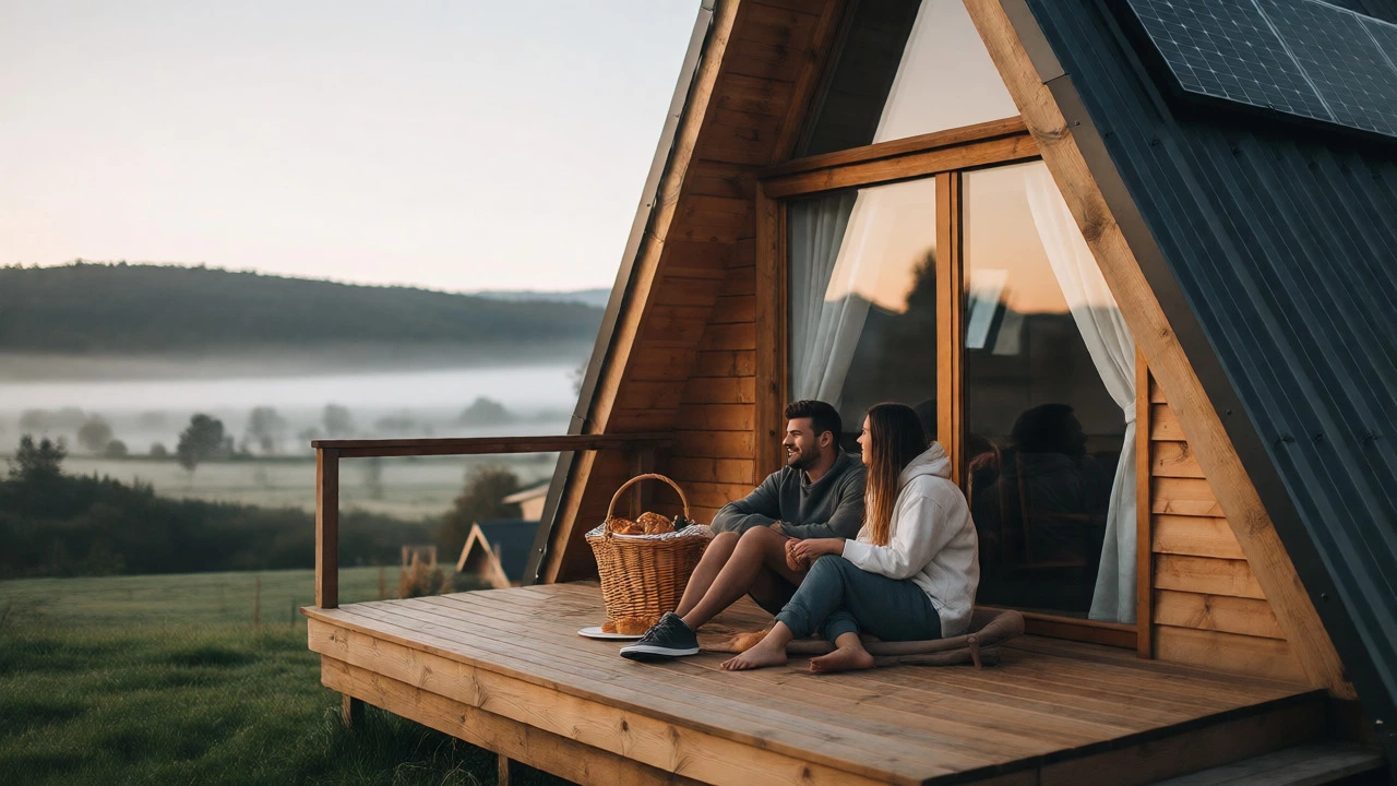Couple enjoying breakfast on the deck of an A-frame glamping cabin