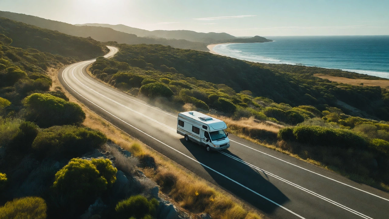 Drone shot of a rental motorhome driving on a scenic coastal highway.