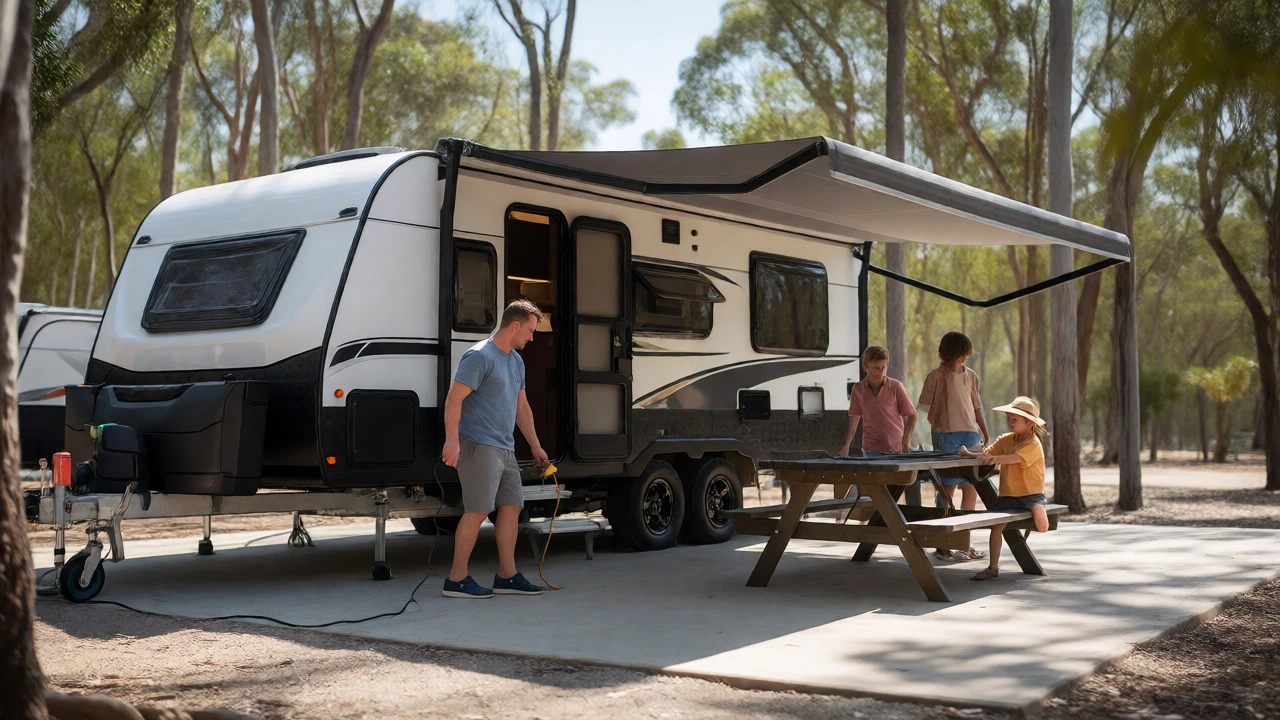 Family setting up caravan at powered site