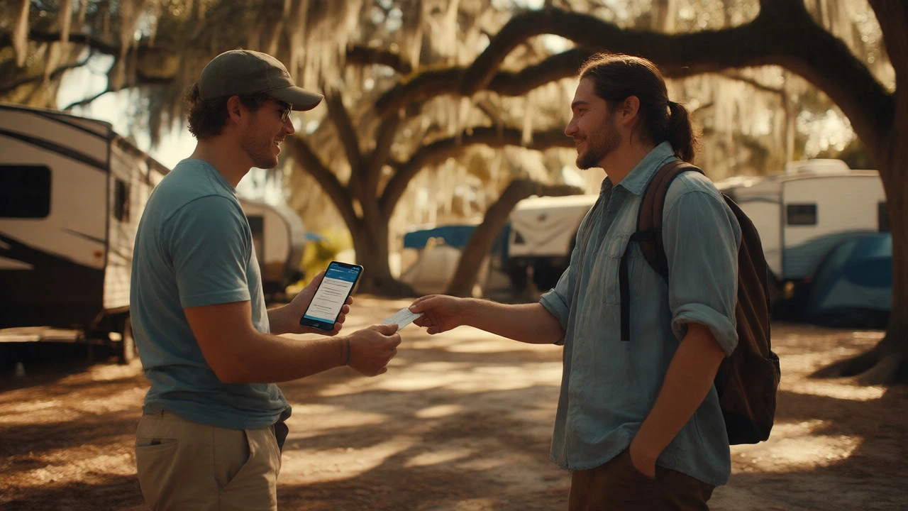 Friends exchanging a guest pass at an Ocean Lakes campsite among trees