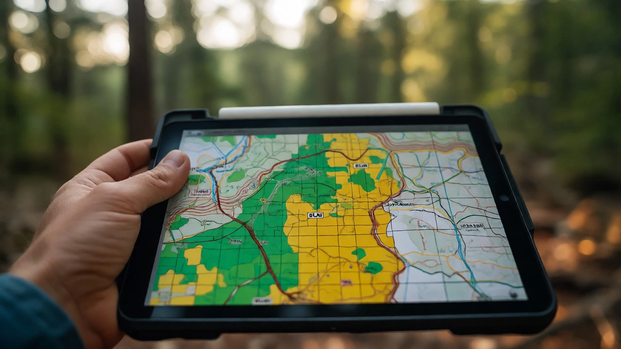 Hand checking land ownership map on tablet in nature