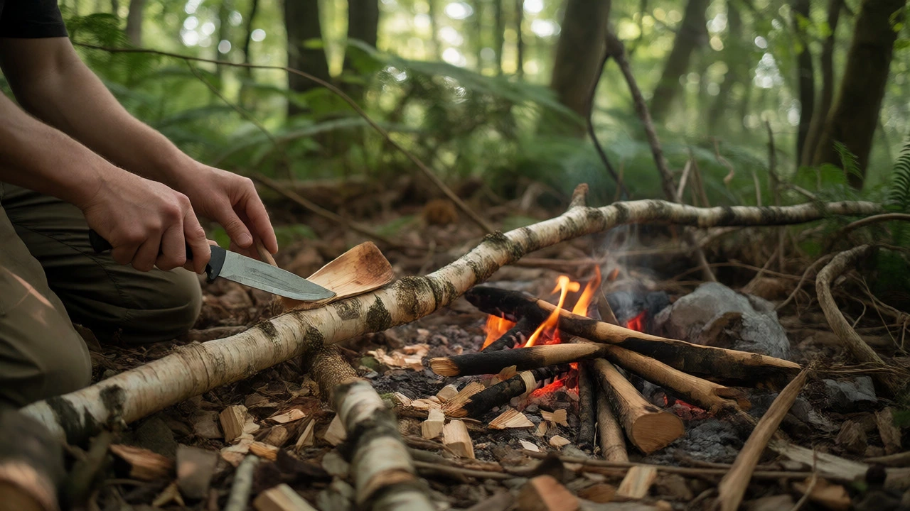 Hands carving a wooden spoon from a branch beside a small campfire in a forest.