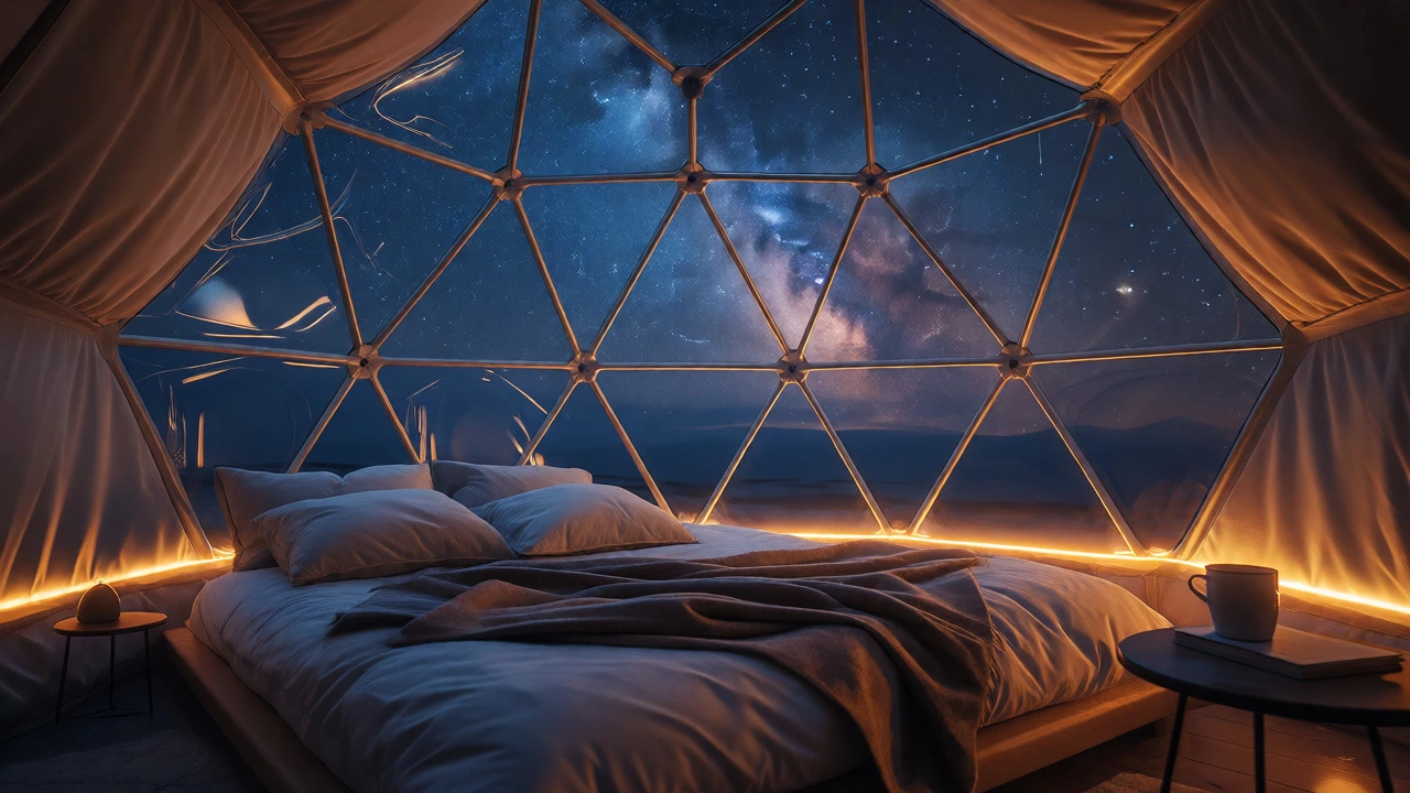 Interior of a geodesic dome showing a bed under a starry night sky