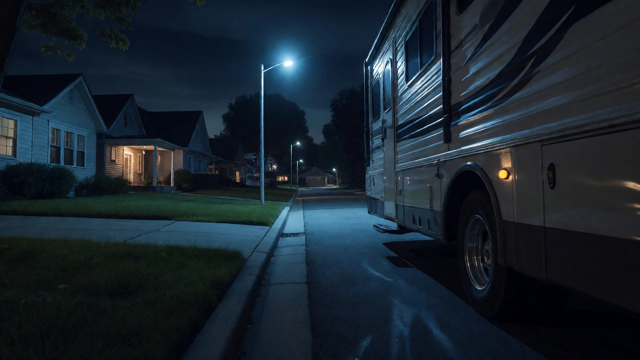 Motorhome parked alone on a quiet suburban residential street at night under a streetlamp.