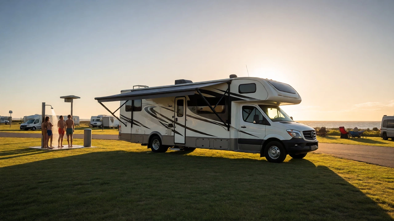 Motorhome parked at a safe coastal campsite