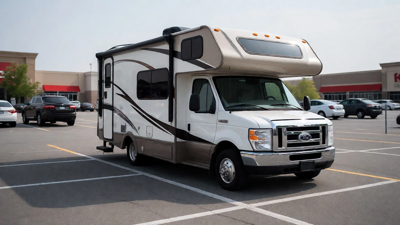 Motorhome parked neatly in a retail store parking lot without outdoor camping gear.