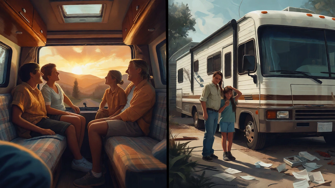 Split scene comparing happy renters in a van vs. stressed owners with a dusty RV.