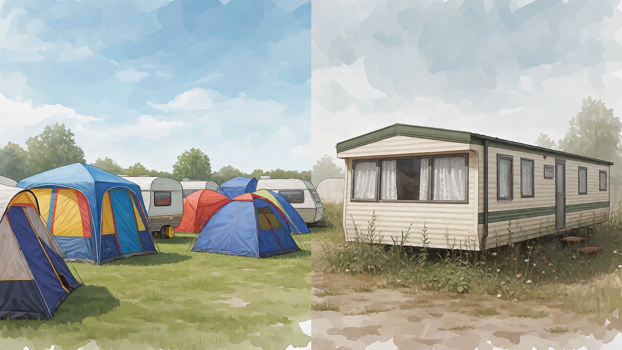 Split view comparing temporary camping vs permanent residential setup