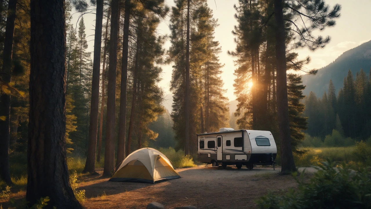 Tent and RV in pine forest at sunset near a protected stream