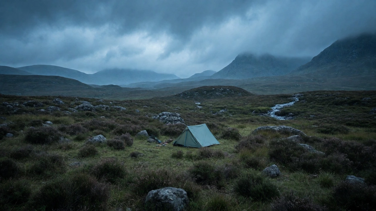 Tent pitched on rugged Scottish highlands with misty mountains