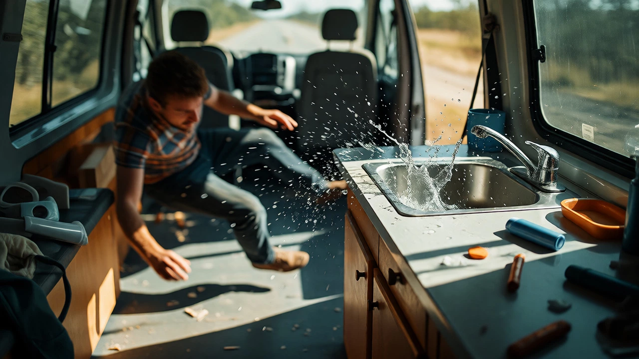 Traveler slipping in a camper van during sudden braking