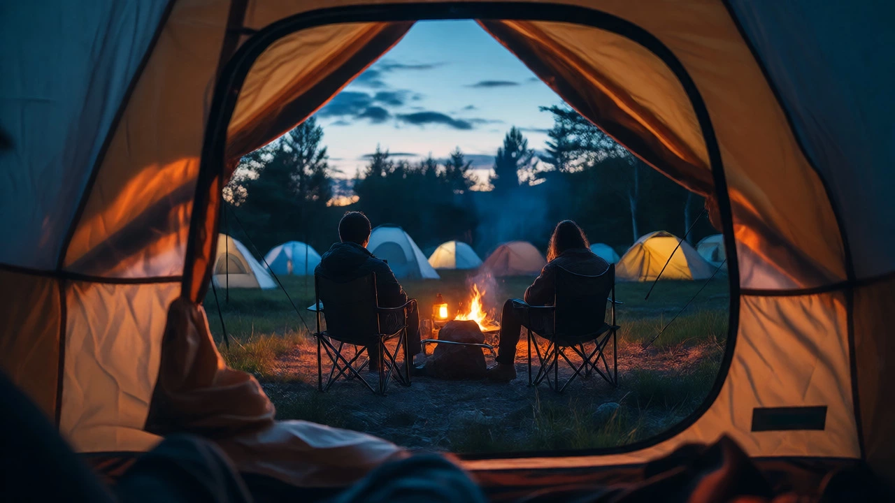 View from tent showing neighbors respecting space and quiet hours around a small campfire at dusk.